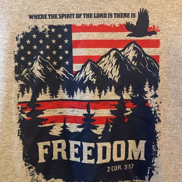 GRAPHIC T-SHIRT MENS “FREEDOM”GRAY FRUIT OF THE LOOM SZ L  (2 COR 3:17) - Picture 3 of 5